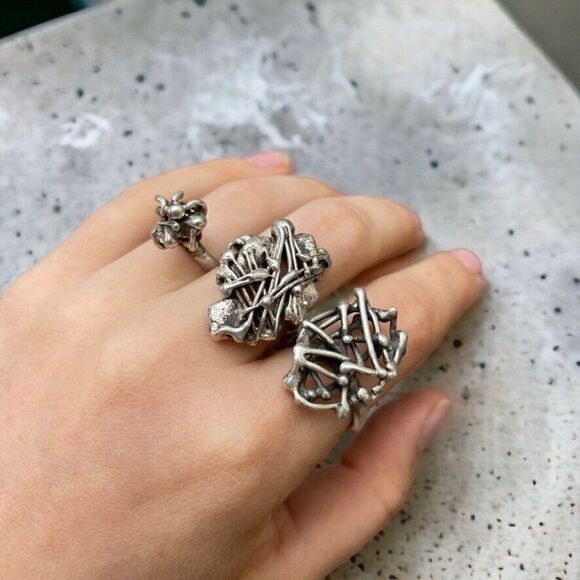 Handmade Chunky Sterling Silver Abstract Brutalist Geometric Hippie Ring Sz 7 - Picture 6 of 6